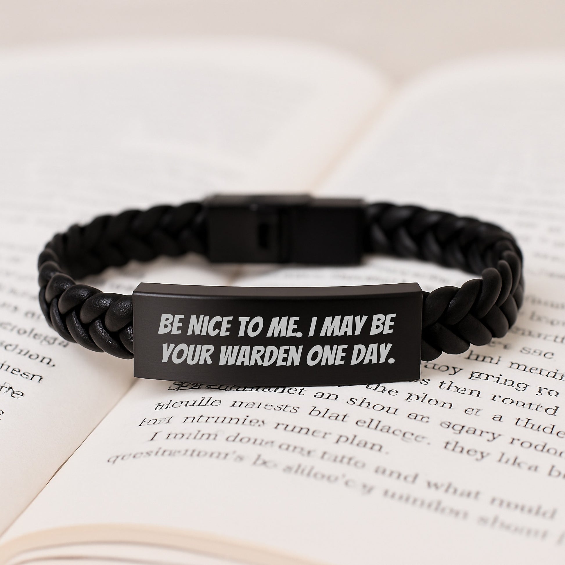 Warden Inspired Funny Interlaced Leather Bracelet Gifts from Friends to Warden on Graduation Day, Be Nice To Me. - Image 3