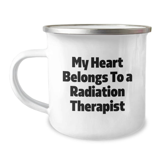 Funny Radiation Therapist Gifts from Family for Men - My Heart Belongs To A Radiation Therapist Enamel Camping Mug - Image 1