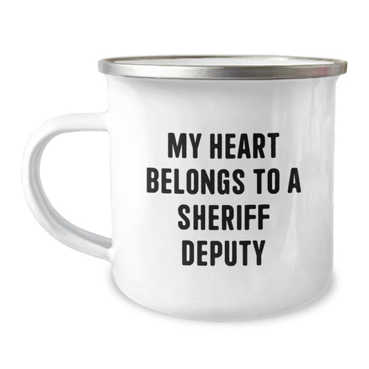 Funny Gifts from Men to Sheriff Deputy Friends and Family - 'My Heart Belongs To A Sheriff Deputy' Camping Mug, Stainless Steel with Enamel Finish - Image 1