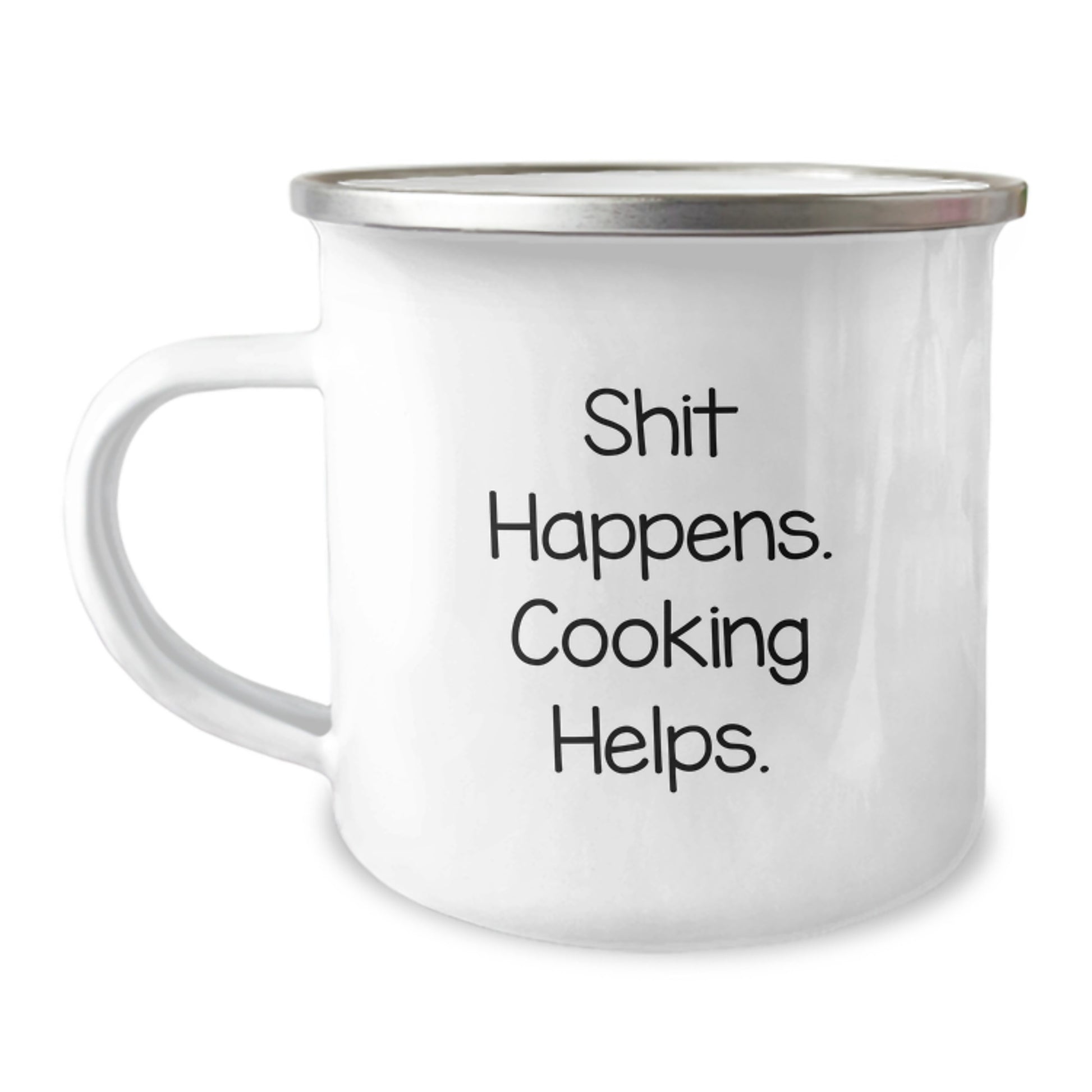 Funny Camping Mug for Cooking Lovers Gifts from Friends and Family - 'Shit Happens. Cooking Helps.' Christmas Unique Presents - Image 1