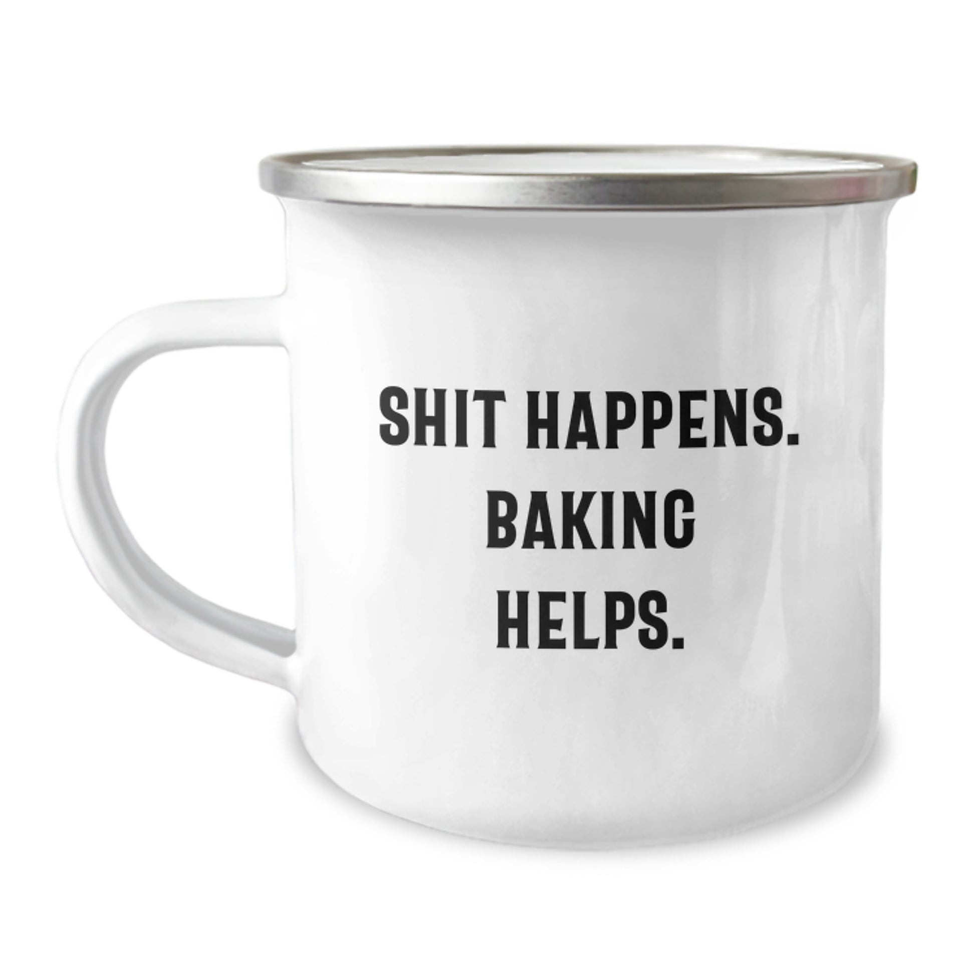 Funny Baking Gifts for Men - 'Shit Happens. Baking Helps.' Camping Mug, 12 oz Stainless Steel with Enamel Finish, Perfect for Christmas Unique Gifts from Family - Image 1