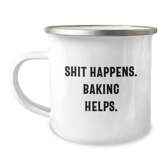 Funny Baking Gifts for Men - 'Shit Happens. Baking Helps.' Camping Mug, 12 oz Stainless Steel with Enamel Finish, Perfect for Christmas Unique Gifts from Family - Image 1