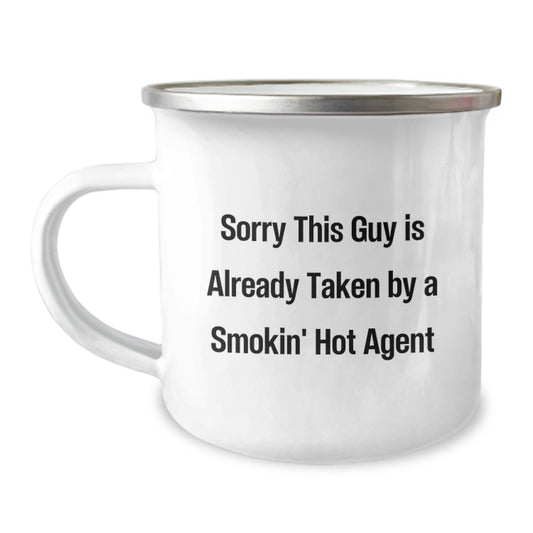Funny Agent Gifts from Friends for Agent Christmas Unique Presents, Smokin' Hot Agent Camping Mug, Sorry This Guy Is Already Taken Quote, Stainless Steel with Enamel Finish - Image 1