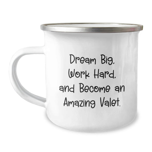 Funny Valet Gifts from Friends for Christmas Unique Presents with Camping Mug - Dream Big Work Hard - Image 1