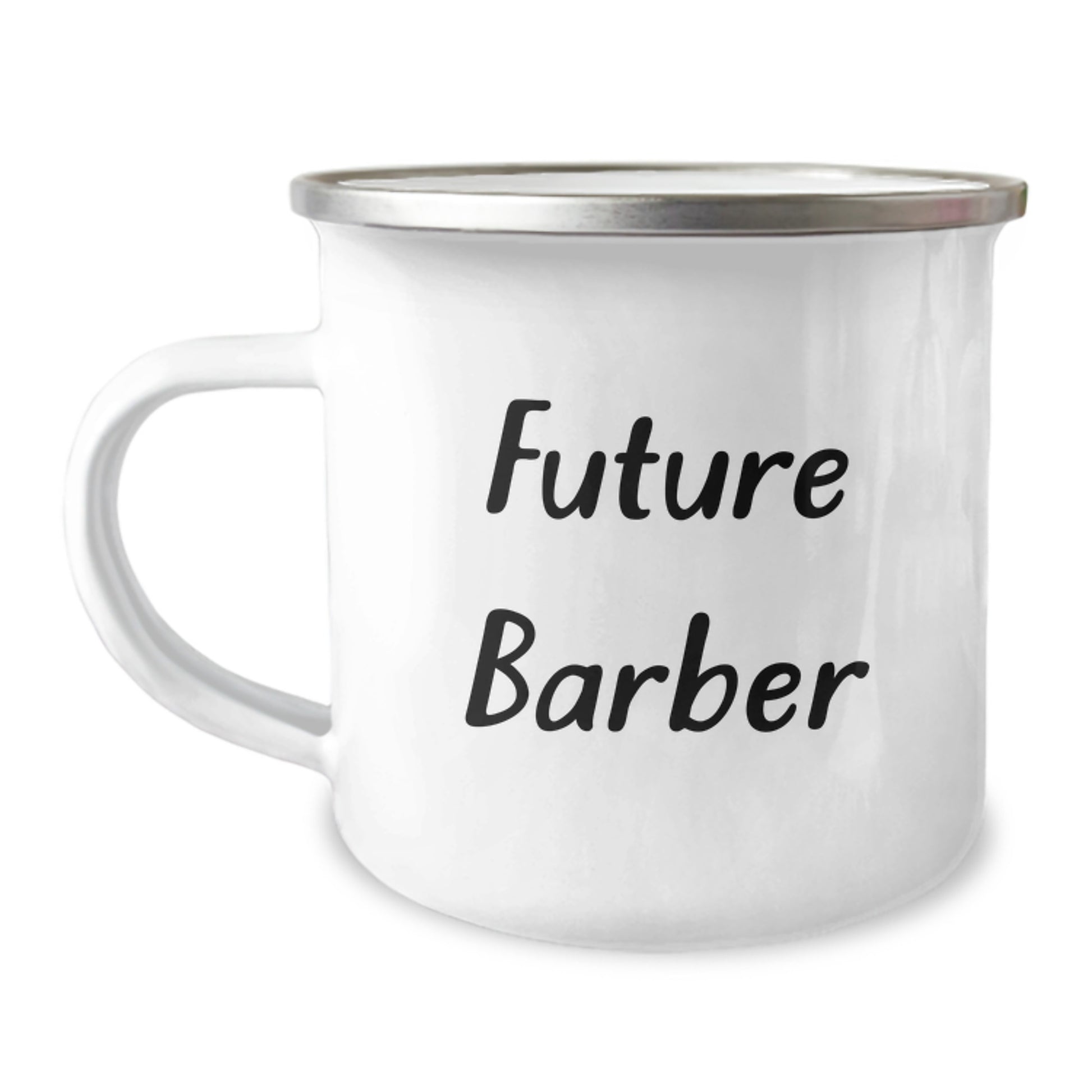 Funny Future Barber Gift from Friends for Graduation Unique Barber Camping Mug, 'The Future is Bright', 12 oz Stainless Steel Enamel Finish, Hand Wash Recommended, Permanent Printing - Image 1