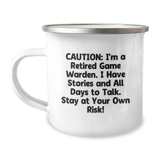Funny Game Warden Christmas Unique Gifts from Men to Friends - 'Caution: I'm A Retired Game Warden' Camping Mug for Outdoor Enthusiasts - Image 1