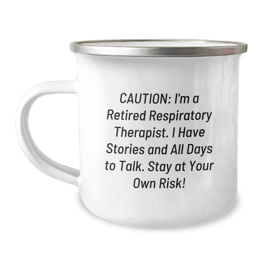 Unique Funny Respiratory Therapist Gift for Men, 'Caution: Stories to Tell' Camping Mug, Stainless Steel with Enamel Finish, Perfect Christmas Memorable Present for Coworkers - Image 1