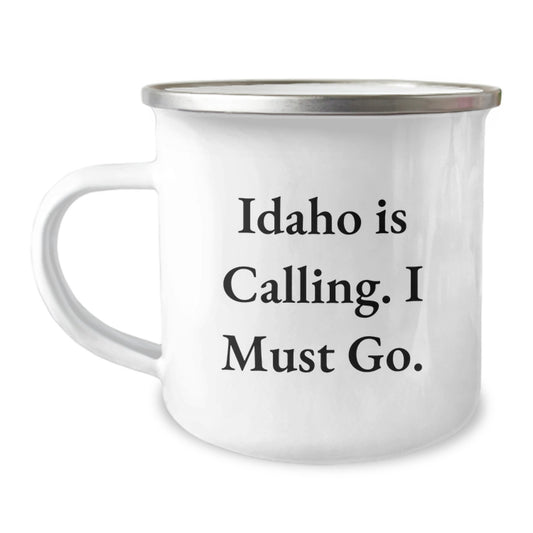 Idaho Camping Mug, Funny Gift for Men, Women, and Friends, Christmas Unique Gifts from Friends, Perfect for Outdoor Enthusiasts, Idaho Is Calling, I Must Go, 12 oz Stainless Steel - Image 1