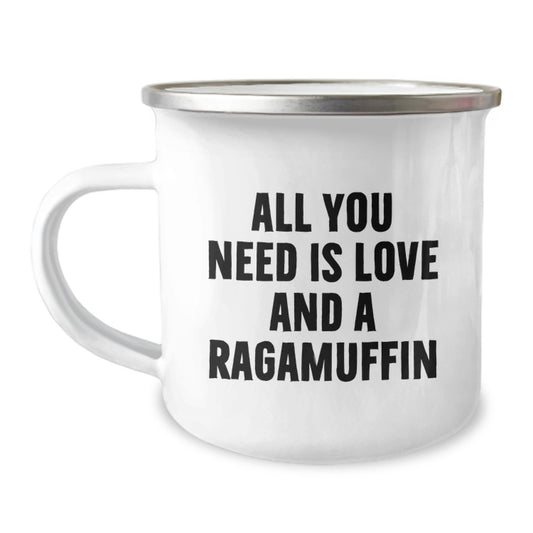 Ragamuffin Cat Lovers Gifts, Camping Mug for Graduation, 'All You Need Is Love And A Ragamuffin', Gifts from Friends, Gifts for Ragamuffin Cat Enthusiasts, Unique Graduation Gifts - Image 1