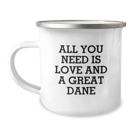 Funny Great Dane Dog Gifts for Men, Unique Camping Mug from Friends with Quote 'All You Need Is Love And A Great Dane' for Christmas - Image 1