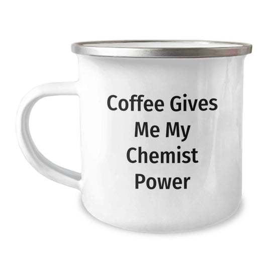 Funny Chemist Gifts from Friends - 'Coffee Gives Me My Chemist Power' Enamel Camping Mug for Men, Women, Family, Coworkers, Unique Christmas Unique Gifts - Image 1