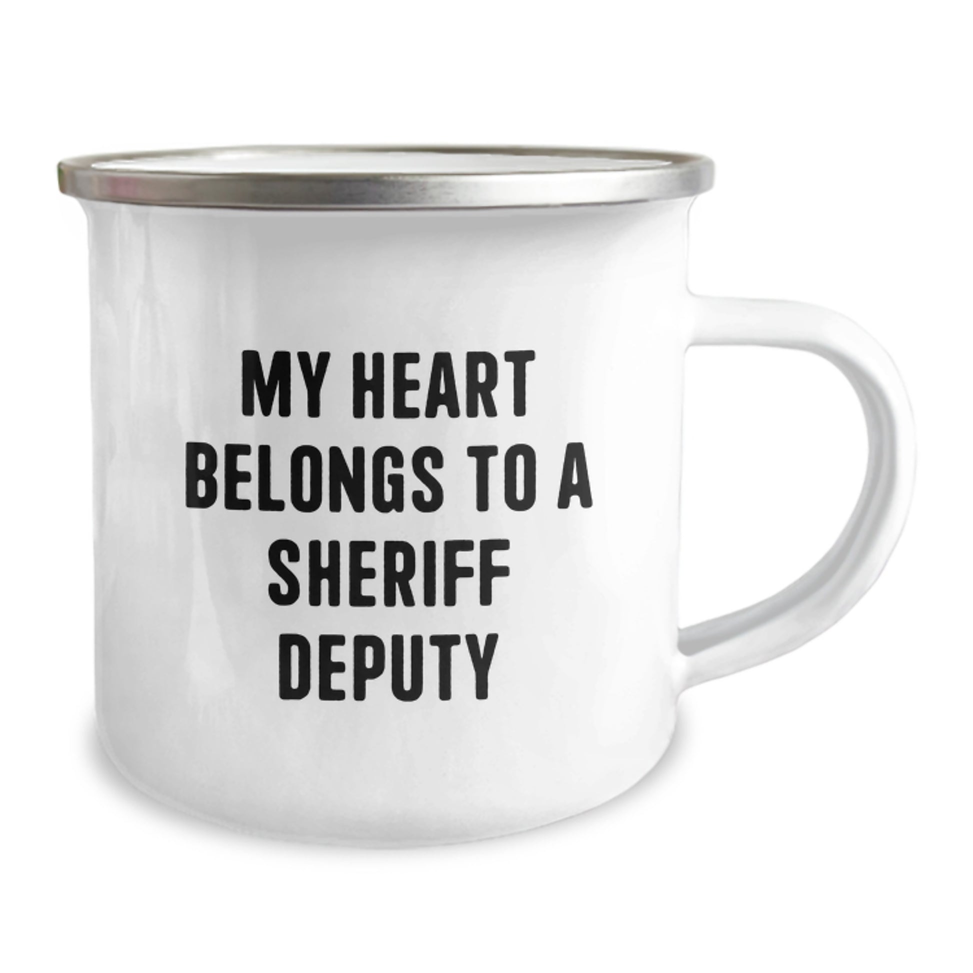 Funny Gifts from Men to Sheriff Deputy Friends and Family - 'My Heart Belongs To A Sheriff Deputy' Camping Mug, Stainless Steel with Enamel Finish - Image 2