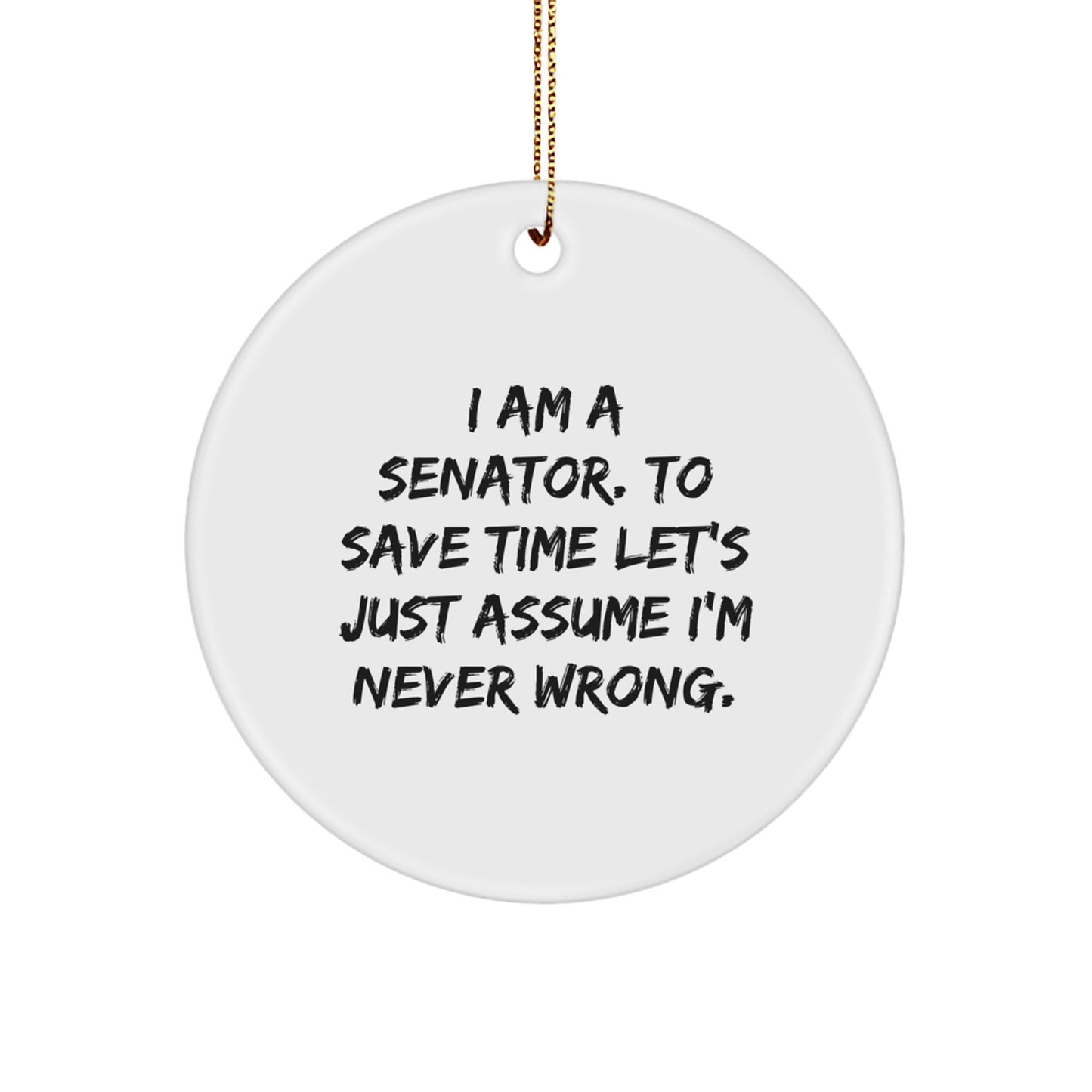 Funny Senator Gifts for Senator, 'I'm Never Wrong' Circle Ornament, White, Christmas Unique - Image 1