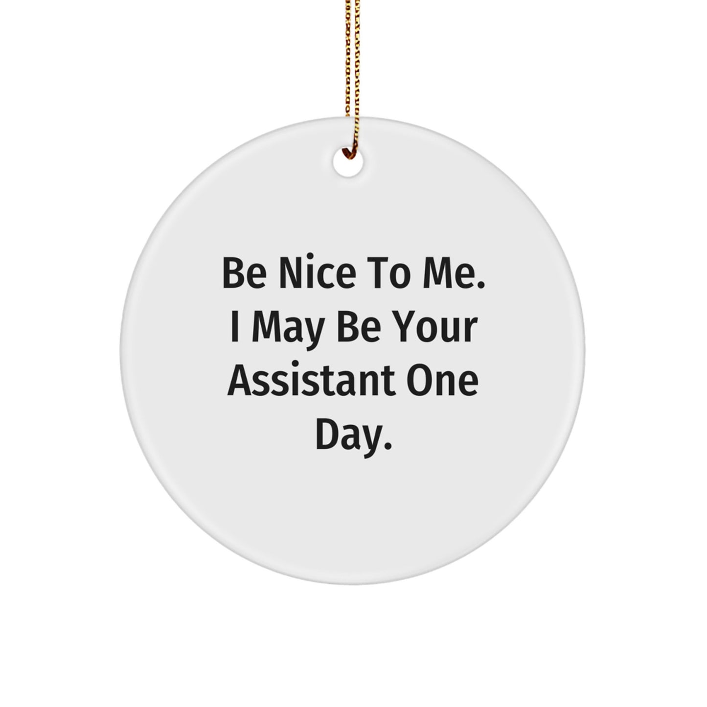Funny Assistant Circle Ornament Gifts for Men, Women, Friends, Coworkers - 'Be Nice To Me. I May Be Your Assistant One Day.' - Image 1