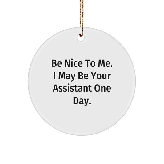 Funny Assistant Circle Ornament Gifts for Men, Women, Friends, Coworkers - 'Be Nice To Me. I May Be Your Assistant One Day.' - Image 1