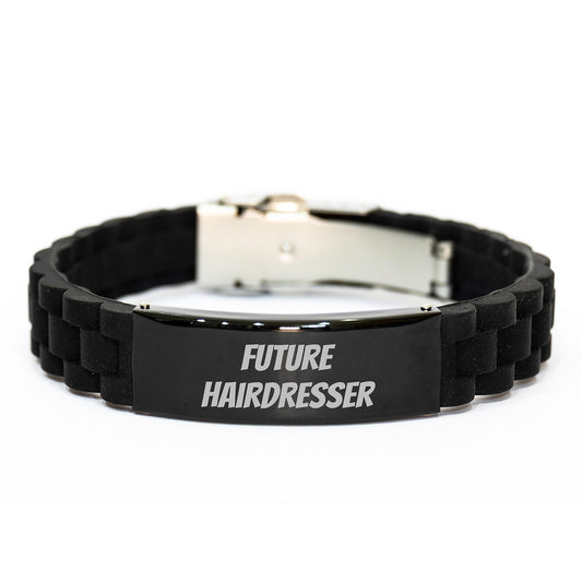 Future Hairdresser Inspirational Graduation Hairdresser Gifts from Family to Hairdresser - Glide lock Clasp Adjustable Black Stainless Steel Silicone Jewelry - Image 1