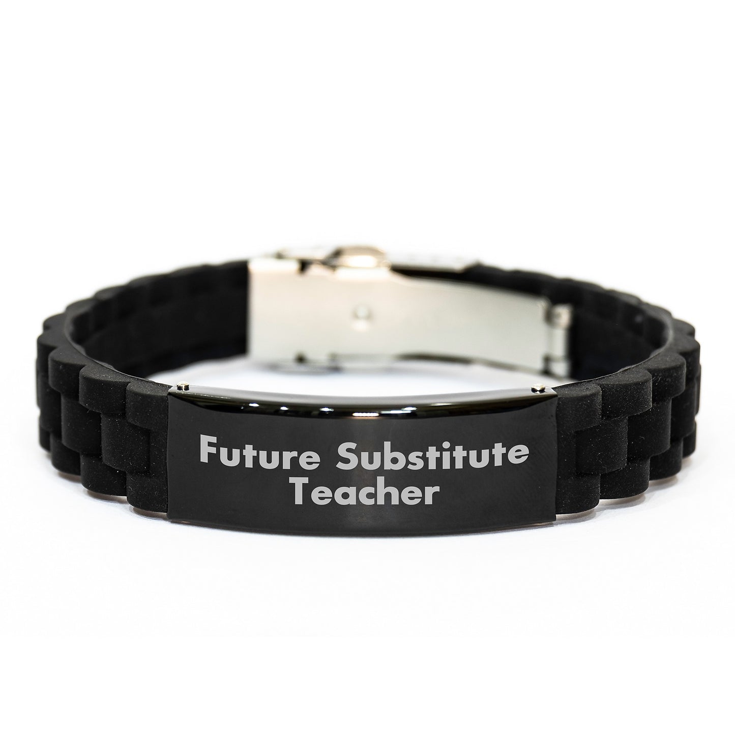 Funny Inspirational Quote Gifts from Friends Family for Substitute Teacher, Glide lock Clasp Black Stainless Steel Silicone Bracelet, Unique Graduation Gifts for Women Men - Image 1