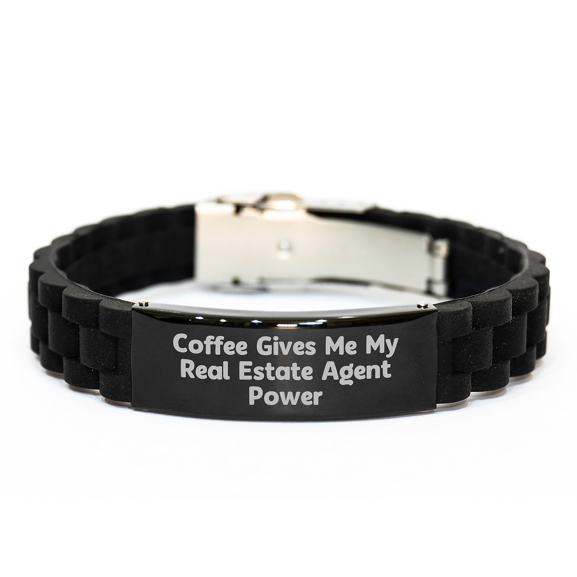 Real Estate Agent Power Gift, 'Coffee Gives Me My Real Estate Agent Power' Glide lock Clasp Black Stainless Steel Adjustable Bracelet, Birthday Unique Gifts from Friends to Real Estate Agent - Image 1
