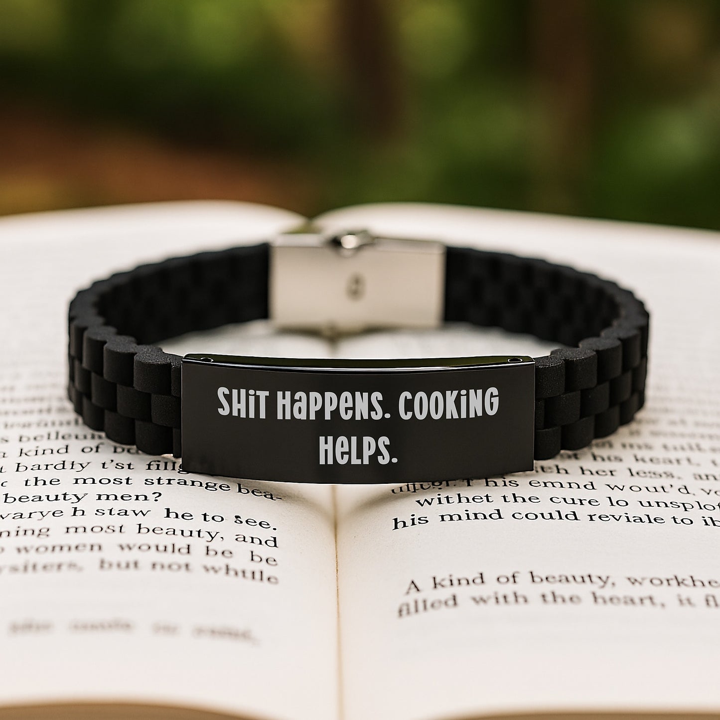 Funny Cooking Inspirational Gifts for Men Women Friends Family - Glide lock Clasp Bracelet, Shit Happens. Cooking Helps., Christmas Unique - Image 2