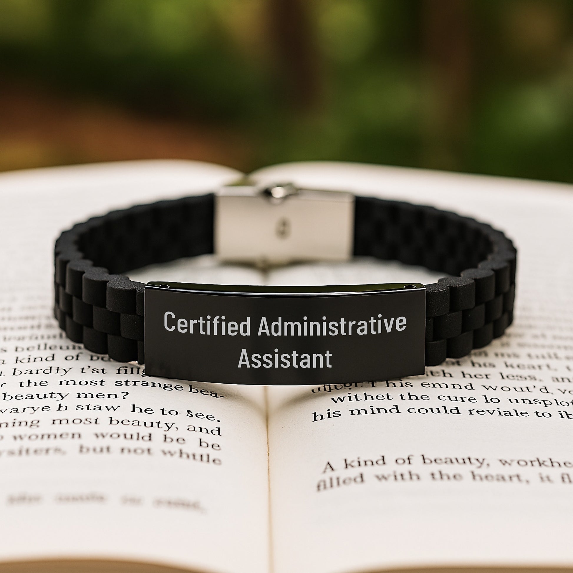 Certified Administrative Assistant's Inspirational Gift for Graduation - Adjustable Glide lock Clasp Black Stainless Steel Silicone Jewelry, Gifts from Family or Coworkers to Administrative Assistant - Image 2