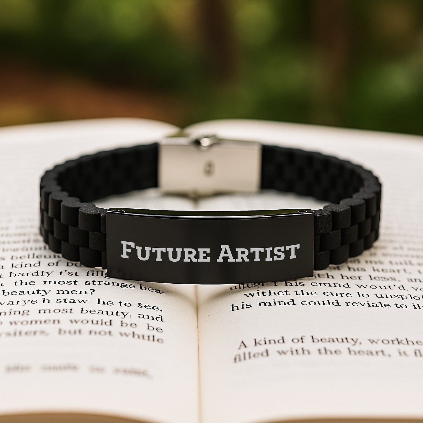 Artist Gifts from Friends, Inspirational Quote Future Artist Glide lock Clasp Bracelet, Unique Graduation Gift for Him or Her, Adjustable Silicone Black Stainless Steel Silver - Image 2