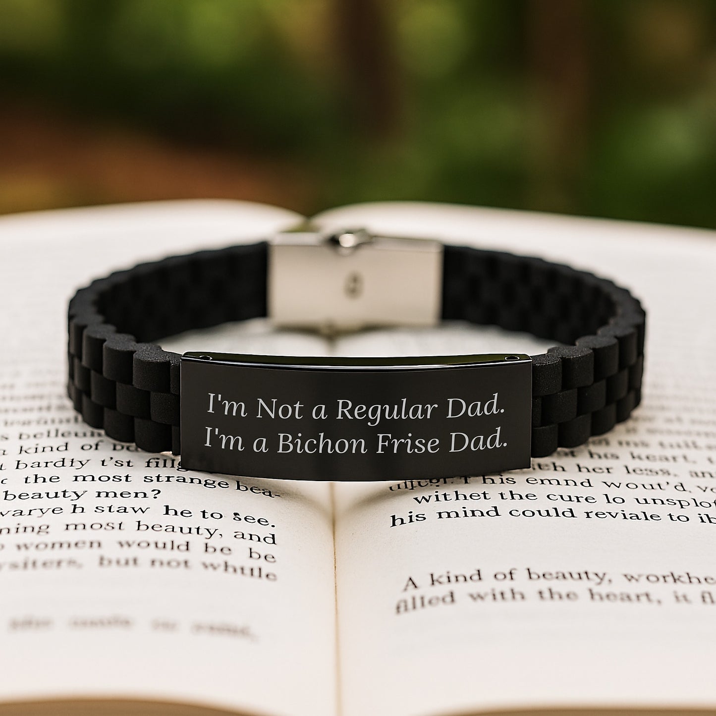Bichon Frise Dog Gifts, Funny Quote Jewelry, Glide lock Clasp Adjustable Black Stainless Steel Silicone Bracelet, Gifts from Men to Bichon Frise Dog Dads, Unique Graduation Gifts for Men - Image 2