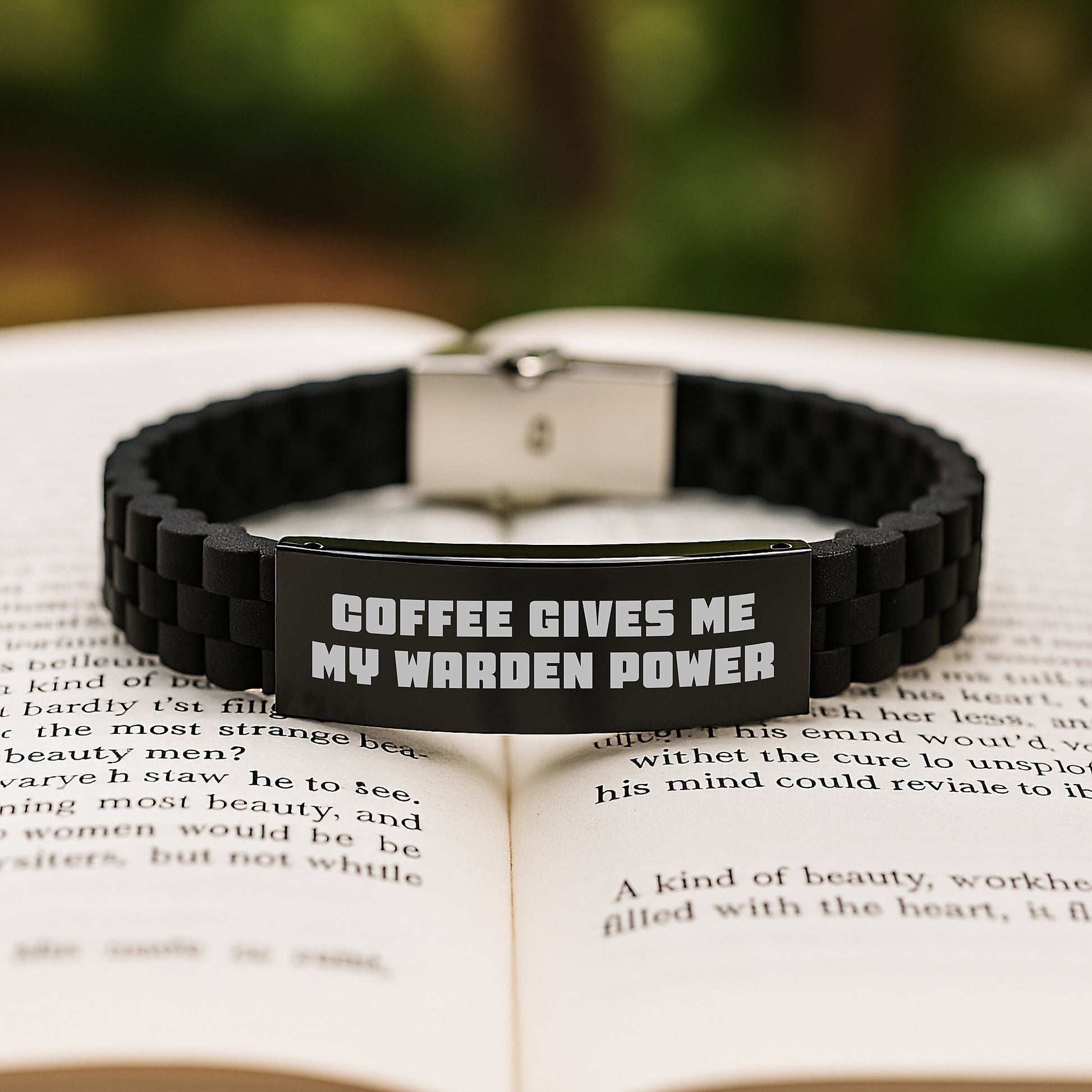Warden Enthusiast Funny Coffee Quote Glide lock Clasp Adjustable Black Stainless Steel Silicone Gift for Men or Women from Family or Friends - Image 2