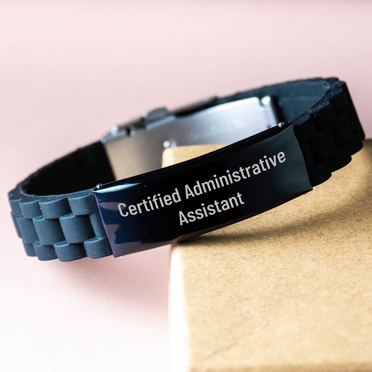 Certified Administrative Assistant's Inspirational Gift for Graduation - Adjustable Glide lock Clasp Black Stainless Steel Silicone Jewelry, Gifts from Family or Coworkers to Administrative Assistant - Image 3
