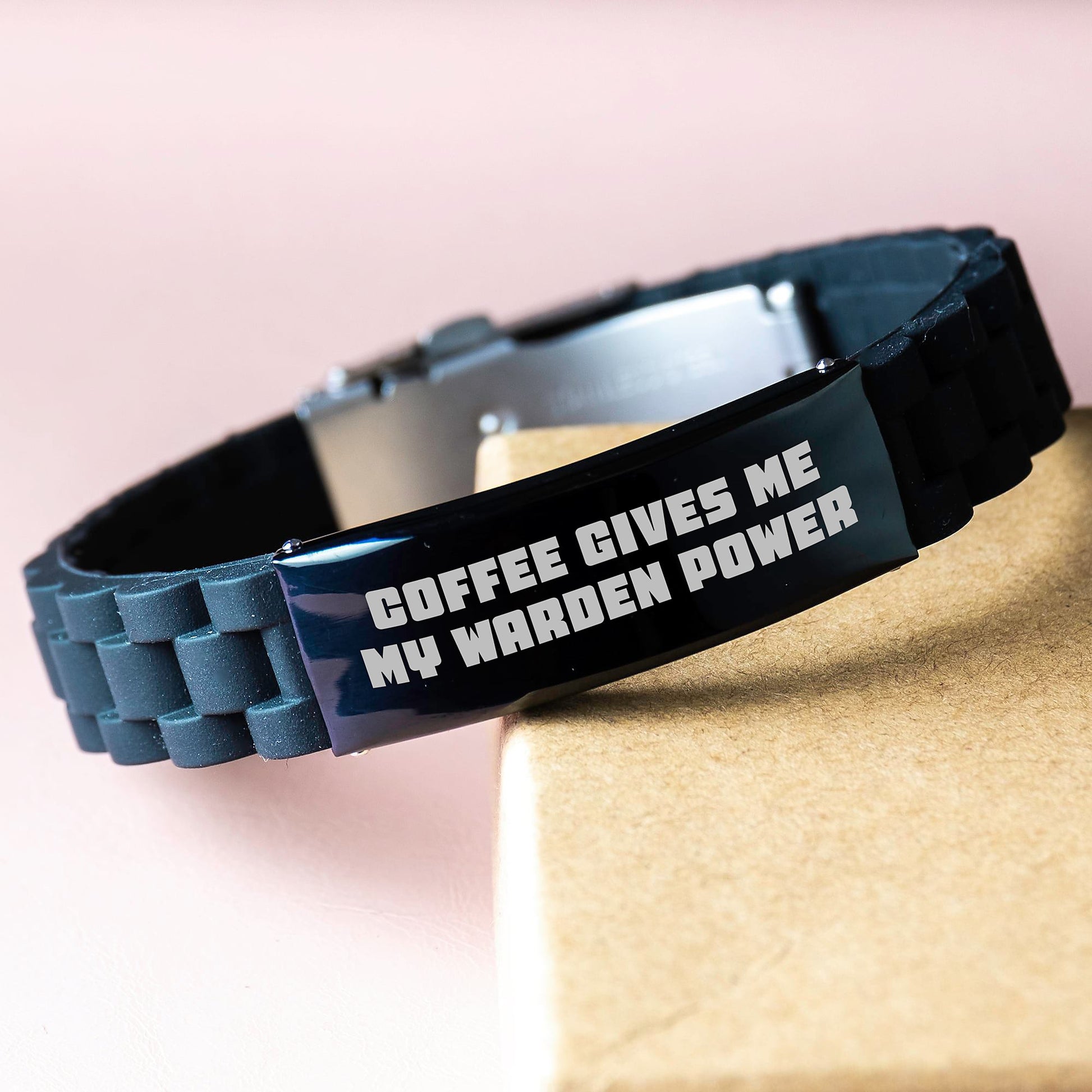 Warden Enthusiast Funny Coffee Quote Glide lock Clasp Adjustable Black Stainless Steel Silicone Gift for Men or Women from Family or Friends - Image 3