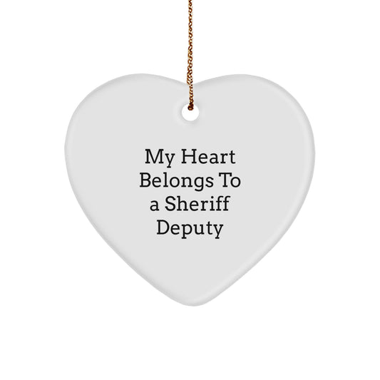 Funny Sheriff Deputy Gifts, My Heart Belongs To A Sheriff Deputy Heart Ornament, White Heart Shaped Christmas Unique Gifts - Image 1