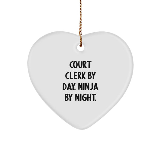 Court Clerk Gifts, Funny Quote Heart Ornament for Christmas, 'Court Clerk By Day. Ninja By Night.' - Image 1