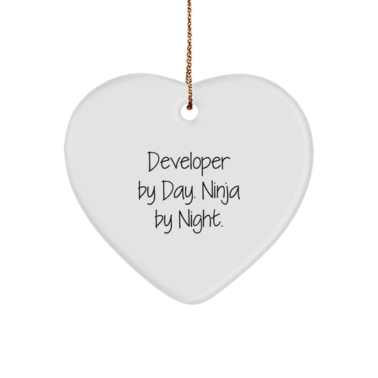 Developer Gifts from Friends - Funny Heart Ornament with Quote 'Developer By Day. Ninja By Night.', Christmas Unique Gifts for Developers, Men, Women, Friends, Coworkers, Family - Image 1