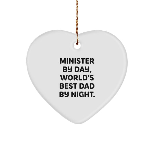Minister Gifts from Men - 'Minister By Day, World's Best Dad By Night.' Heart Ornament for Christmas Unique Gifts - Image 1
