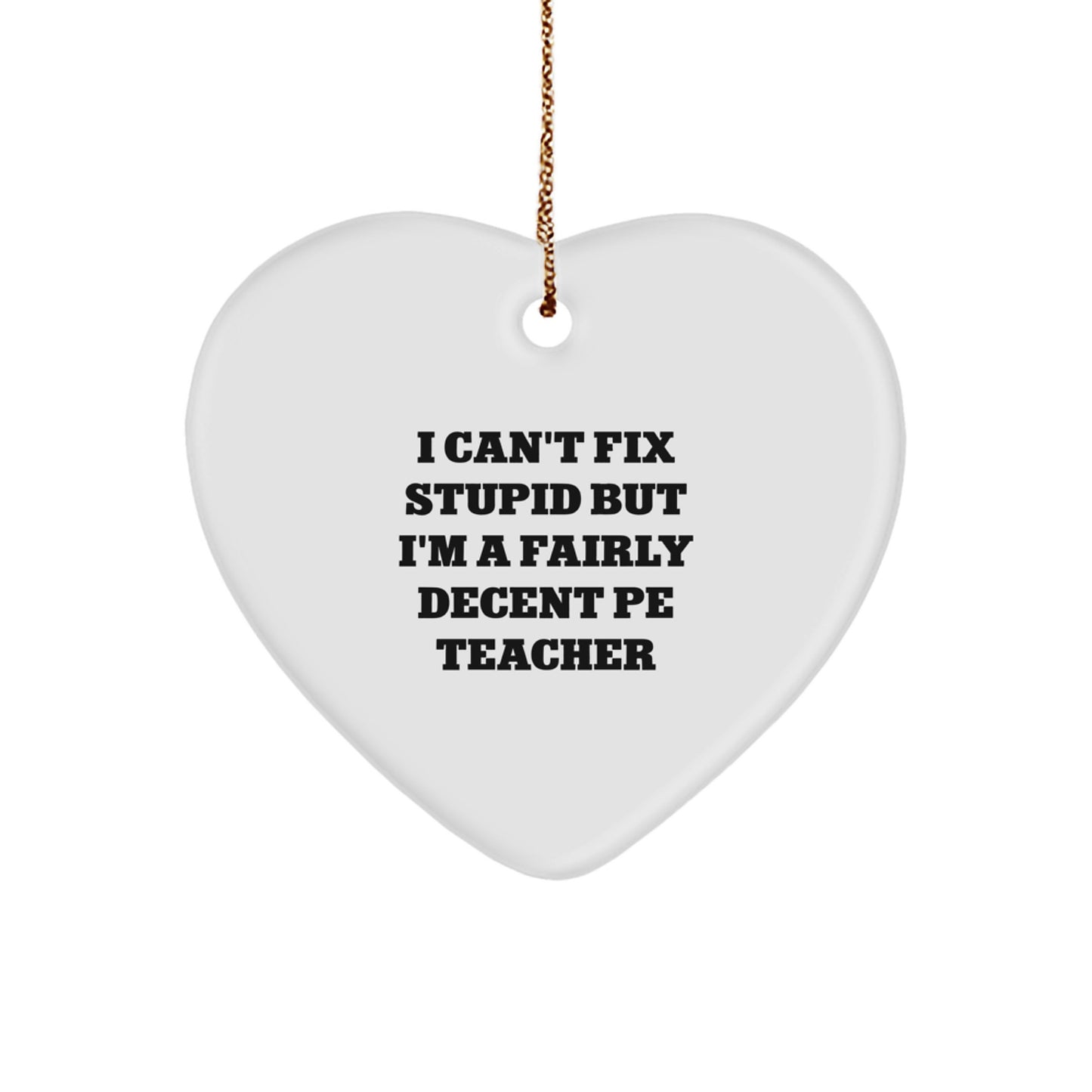 Funny PE Teacher Gifts from Friends - 'I Can't Fix Stupid But I'm A Fairly Decent PE Teacher' Heart Ornament for Christmas, Gifts for PE Teachers, Men, Women, Friends, Coworkers, Family - Image 1