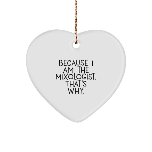 Funny Mixologist Gifts from Family for Christmas Unique Heart Ornament, 'Because I Am The Mixologist. That's Why.' - Image 1