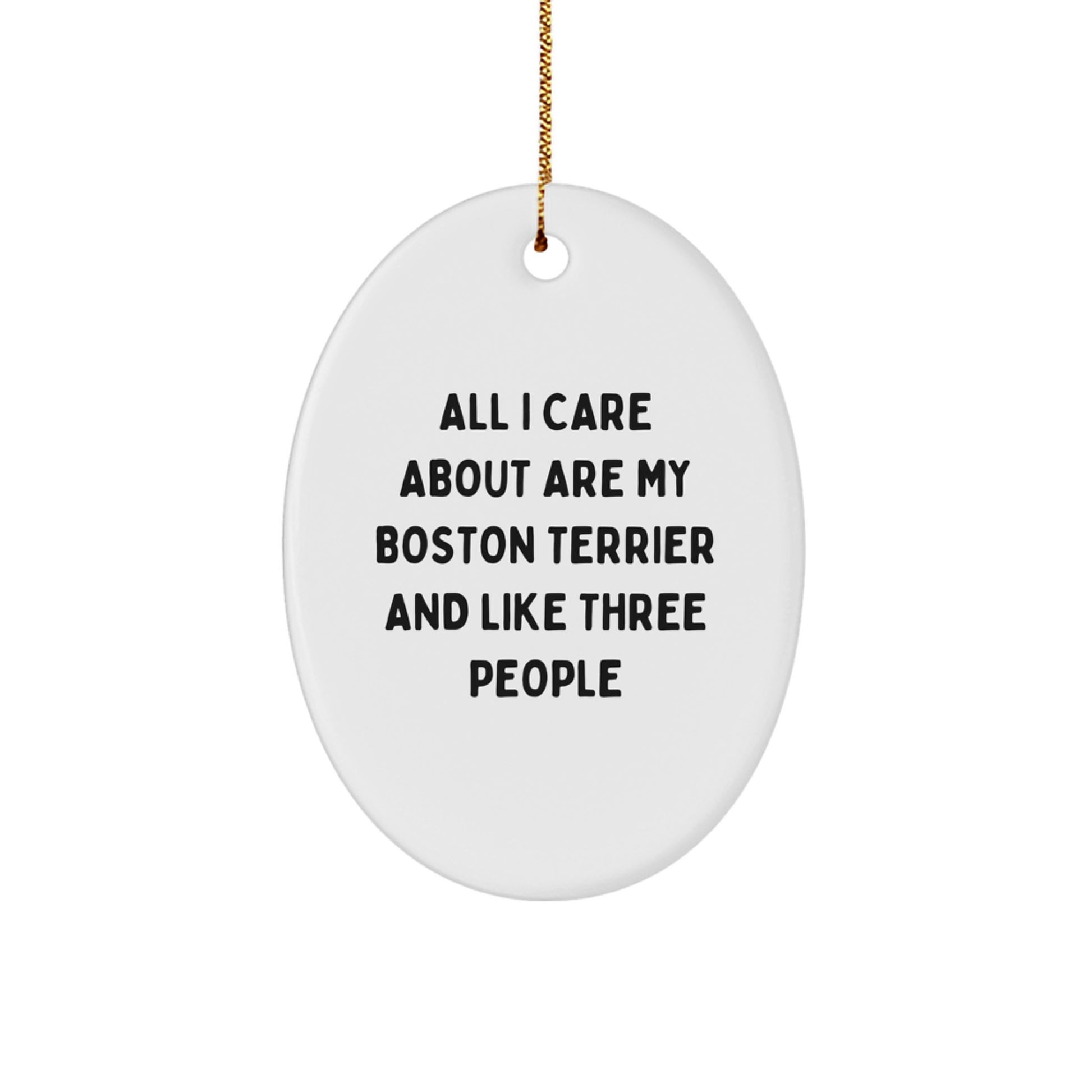 Boston Terrier Dog Lovers' Christmas Oval Ornament, 'All I Care About Are My Boston Terrier And Like Three People', Funny Quote Gifts from Friends and Family - Image 1