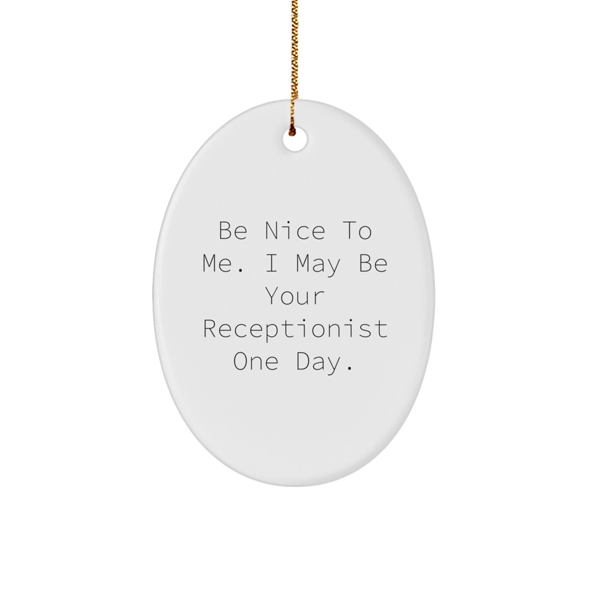 Funny Oval Ornament Gifts from Friends for Receptionist - 'Be Nice To Me' Motivational - Image 1