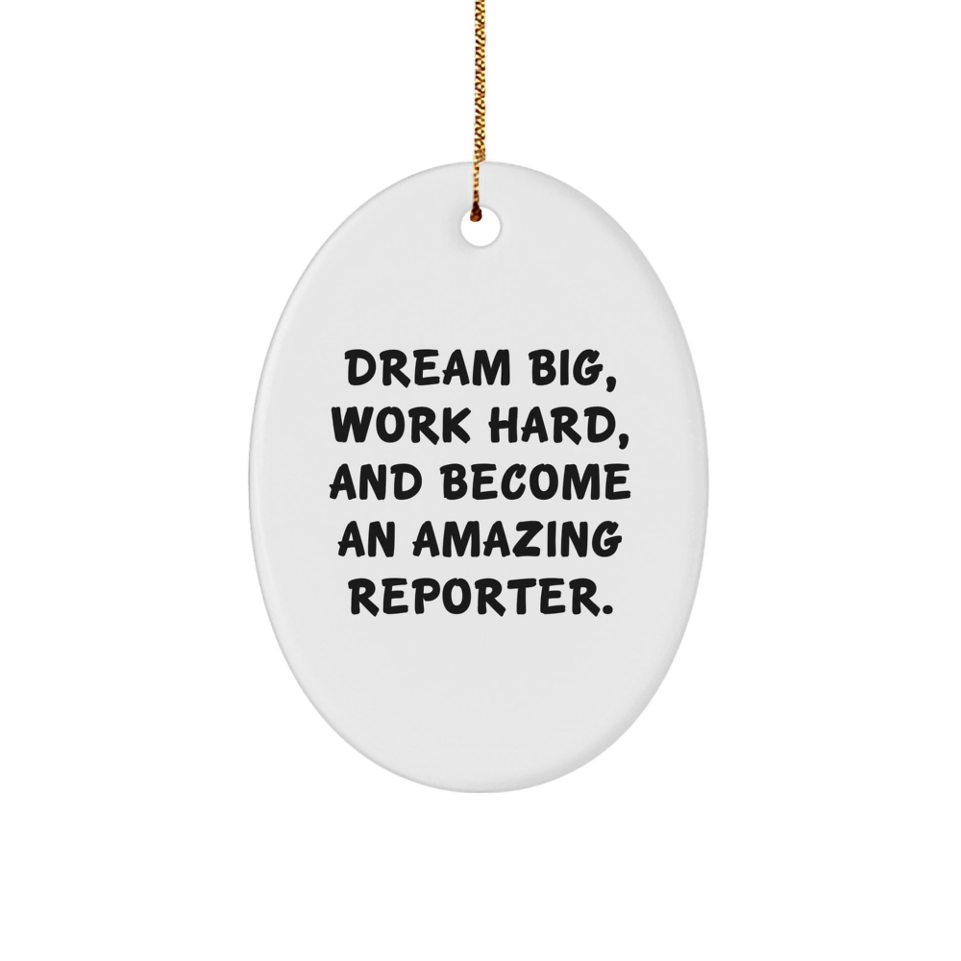 Inspirational Christmas Unique Gifts for Reporter Friends from Family - Oval Ornament with 'Dream Big, Work Hard, And Become An Amazing Reporter' Quote - White Oval Shaped Ornament - Image 1