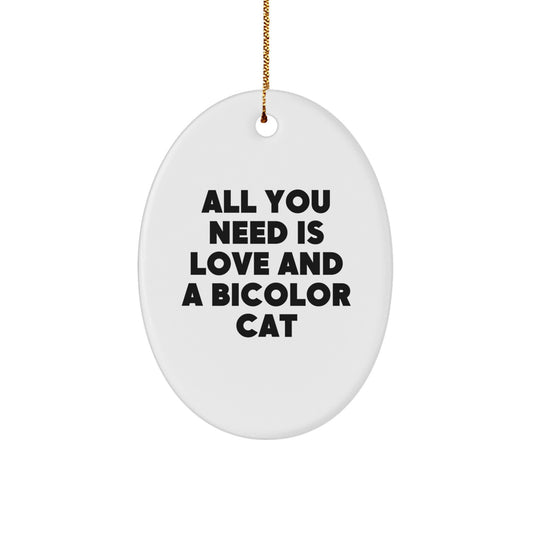 Bicolor Cat Oval Ornament, Funny Gifts from Friends for Bicolor Cat Lovers, All You Need is Love, Christmas Unique Ornaments - Image 1