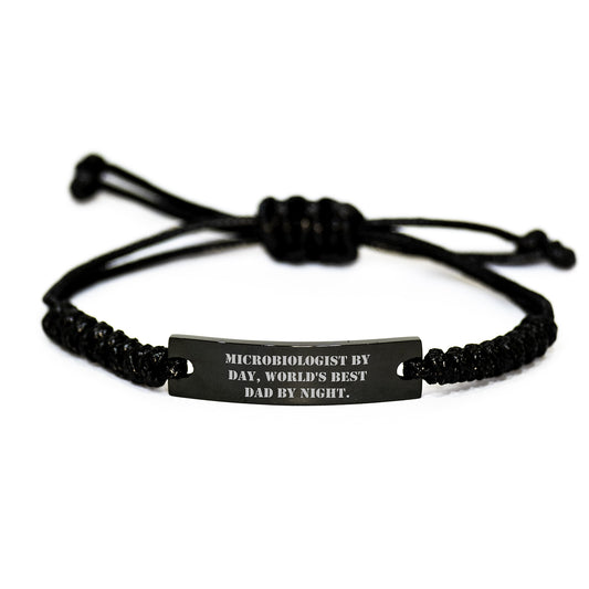 Microbiologist Gifts for Men, Funny Rope Bracelet with 'Microbiologist By Day, World's Best Dad By Night' Quote, Black Stainless Steel and Interlaced Rope, Christmas Unique Gift - Image 1