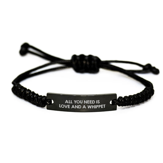 Whippet Dog Lover Gifts, Graduation Unique Gifts from Friends, 'All You Need Is Love And A Whippet' Rope Bracelet, Adjustable Black Stainless Steel with Interlaced Rope - Image 1