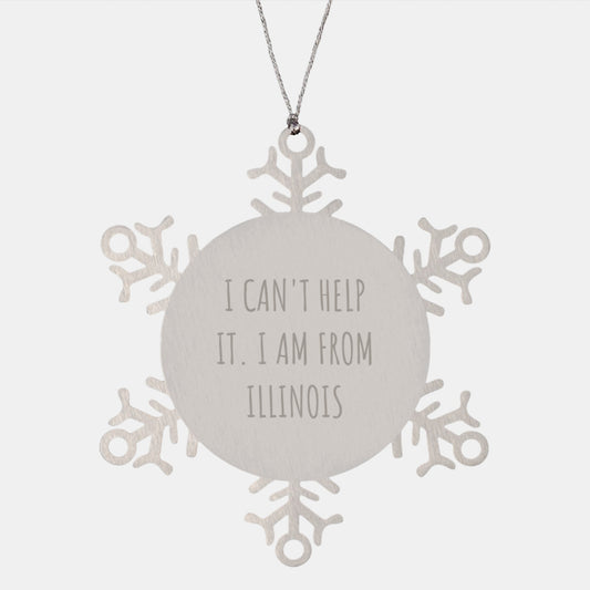 Illinois Proud Snowflake Ornament, 'I Can't Help It. I Am From Illinois' Quote, Shatterproof Stainless Steel, 3.14 inches, Gifts for Men from Illinois, Unique Christmas Unique Gifts from Illinois - Image 1