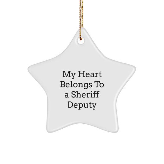 Funny Sheriff Deputy Gifts from Friends for Men - My Heart Belongs To A Sheriff Deputy Star Ornament, Christmas Unique Gifts - Image 1