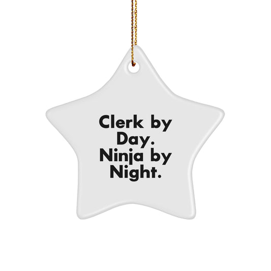 Clerk Gifts - Star Ornament, 'Clerk By Day. Ninja By Night.' Funny Quote, White, 3.25'' Tall, Perfect Christmas Memorable Present for Men or Women from Friends, Family, or Coworkers - Image 1