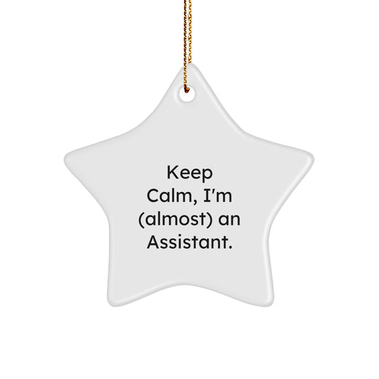 Funny Assistant Star Ornament Gifts from Friends to Coworkers for Christmas Unique Gifts, Keep Calm I'm Almost Assistant, White Star Shaped Decor - Image 1