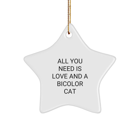 Bicolor Cat Lover Gifts from Friends - Christmas Unique Ornament for Women - Funny Quote 'All You Need Is Love And A Bicolor Cat', Star Ornament - Image 1